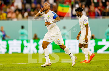 2022-11-24 - Andre Ayew (10) of Ghana scores a goal and celebrates 1-1 during the Fifa World Cup 2022, Group H football match between Portugal and Ghana on November 24, 2022 at Stadium 974 in Doha, Qatar - FOOTBALL - WORLD CUP 2022 - PORTUGAL V GHANA - FIFA WORLD CUP - SOCCER