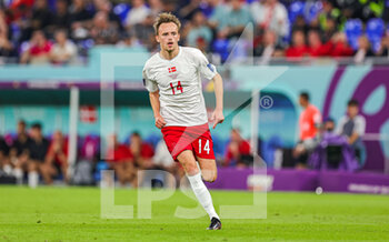 2022-11-26 - Mikkel Damsgaard (14) of Denmark during the FIFA World Cup 2022, Group D football match between France and Denmark on November 26, 2022 at Stadium 974 in Doha, Qatar - FOOTBALL - WORLD CUP 2022 - FRANCE V DENMARK - FIFA WORLD CUP - SOCCER