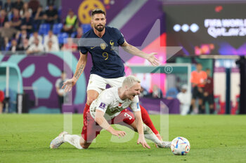 2022-11-26 - Olivier Giroud of France, Victor Nelsson of Denmark during the FIFA World Cup 2022, Group D football match between France and Denmark on November 26, 2022 at Stadium 974 in Doha, Qatar - FOOTBALL - WORLD CUP 2022 - FRANCE V DENMARK - FIFA WORLD CUP - SOCCER