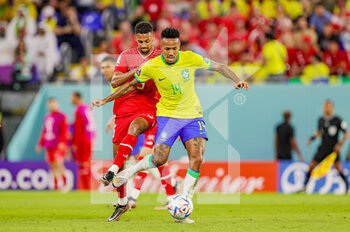 2022-11-29 - Eder Militao (14) of Brazil battles with Djibril Sow (15) of Switzerland during the FIFA World Cup 2022, Group G football match between Brazil and Switzerland on November 28, 2022 at Stadium 974 in Doha, Qatar - FOOTBALL - WORLD CUP 2022 - BRAZIL V SWITZERLAND - FIFA WORLD CUP - SOCCER