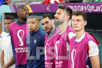 2022-11-30 - Marcus Thuram of France, Kylian Mbappe of France, Theo Hernandez of France, Olivier Giroud of France, Benjamin Pavard of France during the FIFA World Cup 2022, Group D football match between Tunisia and France on November 30, 2022 at Education City Stadium in Doha, Qatar - FOOTBALL - WORLD CUP 2022 - TUNISIA V FRANCE - FIFA WORLD CUP - SOCCER