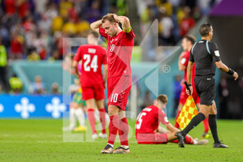 2022-11-30 - Christian Eriksen (10) of Denmark shows dejection at full time during the FIFA World Cup 2022, Group D football match between Australia and Denmark on November 30, 2022 at Al-Janoub Stadium in Al-Wakrah, Qatar - FOOTBALL - WORLD CUP 2022 - AUSTRALIA V DENMARK - FIFA WORLD CUP - SOCCER
