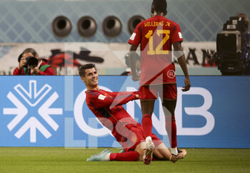 2022-12-01 - Alvaro Morata of Spain celebrates his goal with Nico Williams during the FIFA World Cup 2022, Group E football match between Japan and Spain on December 1, 2022 at Khalifa International Stadium in Ar-Rayyan, Qatar - FOOTBALL - WORLD CUP 2022 - JAPAN V SPAIN - FIFA WORLD CUP - SOCCER