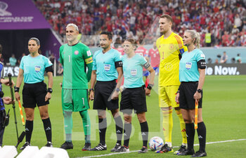 2022-12-01 - Referee Karen Diaz (Mexico), Keylor Navas of Costa Rica, Referee Said Martinez, Referee Stephanie Frappart (France), Manuel Neuer of Germany, Referee Neuza Ines Back (Brazil) during the FIFA World Cup 2022, Group E football match between Costa Rica and Germany on December 1, 2022 at Al Bayt Stadium in Al Khor, Qatar - FOOTBALL - WORLD CUP 2022 - COSTA RICA V GERMANY - FIFA WORLD CUP - SOCCER