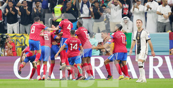 2022-12-01 - Juan Pablo Vargas of Costa Rica celebrates the 2-1 goal with teammates during the FIFA World Cup 2022, Group E football match between Costa Rica and Germany on December 1, 2022 at Al Bayt Stadium in Al Khor, Qatar - FOOTBALL - WORLD CUP 2022 - COSTA RICA V GERMANY - FIFA WORLD CUP - SOCCER