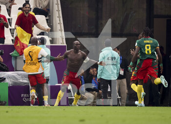 2022-12-02 - Vincent Aboubakar of Cameroon celebrates his goal shirtless during the FIFA World Cup 2022, Group G football match between Cameroon and Brazil on December 2, 2022 at Lusail Stadium in Al Daayen, Qatar - FOOTBALL - WORLD CUP 2022 - CAMEROON V BRAZIL - FIFA WORLD CUP - SOCCER