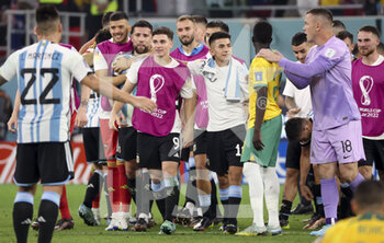 2022-12-03 - Julian Alvarez of Argentina and teammates celebrate the victory following the FIFA World Cup 2022, Round of 16 football match between Argentina and Australia on December 3, 2022 at Ahmad Bin Ali Stadium in Al Rayyan, Qatar - FOOTBALL - WORLD CUP 2022 - 1/8 - ARGENTINA V AUSTRALIA - FIFA WORLD CUP - SOCCER