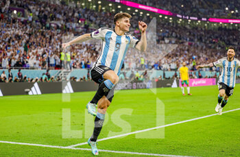 2022-12-04 - Julian Alvarez (9) of Argentina scores a goal and celebrates 2-0 during the FIFA World Cup 2022, Round of 16 football match between Argentina and Australia on December 3, 2022 at Ahmad Bin Ali Stadium in Al Rayyan, Qatar - FOOTBALL - WORLD CUP 2022 - 1/8 - ARGENTINA V AUSTRALIA - FIFA WORLD CUP - SOCCER