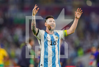 2022-12-04 - Lionel Messi (10) of Argentina celebrates at full time during the FIFA World Cup 2022, Round of 16 football match between Argentina and Australia on December 3, 2022 at Ahmad Bin Ali Stadium in Al Rayyan, Qatar - FOOTBALL - WORLD CUP 2022 - 1/8 - ARGENTINA V AUSTRALIA - FIFA WORLD CUP - SOCCER