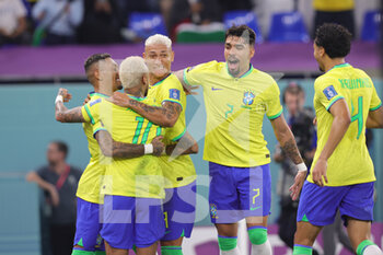 2022-12-05 - Neymar of Brazil celebrates the 2-0 goal with team mates during the FIFA World Cup 2022, Round of 16 football match between Brazil and Korea Republic on December 5, 2022 at Stadium 974 in Doha, Qatar - FOOTBALL - WORLD CUP 2022 - 1/8 - BRAZIL V KOREA REPUBLIC - FIFA WORLD CUP - SOCCER