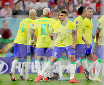2022-12-05 - Thiago Silva of Brazil celebrates the Richarlison's goal during the FIFA World Cup 2022, Round of 16 football match between Brazil and Korea Republic on December 5, 2022 at Stadium 974 in Doha, Qatar - FOOTBALL - WORLD CUP 2022 - 1/8 - BRAZIL V KOREA REPUBLIC - FIFA WORLD CUP - SOCCER