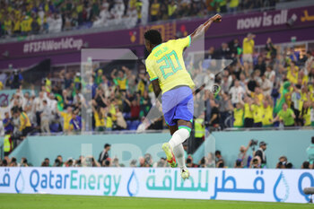 2022-12-05 - Vinicius Junior of Brazil celebrates his goal 1-0 during the FIFA World Cup 2022, Round of 16 football match between Brazil and Korea Republic on December 5, 2022 at Stadium 974 in Doha, Qatar - FOOTBALL - WORLD CUP 2022 - 1/8 - BRAZIL V KOREA REPUBLIC - FIFA WORLD CUP - SOCCER
