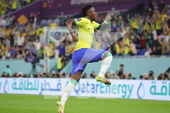 2022-12-05 - Vinicius Junior of Brazil celebrates his goal 1-0 during the FIFA World Cup 2022, Round of 16 football match between Brazil and Korea Republic on December 5, 2022 at Stadium 974 in Doha, Qatar - FOOTBALL - WORLD CUP 2022 - 1/8 - BRAZIL V KOREA REPUBLIC - FIFA WORLD CUP - SOCCER