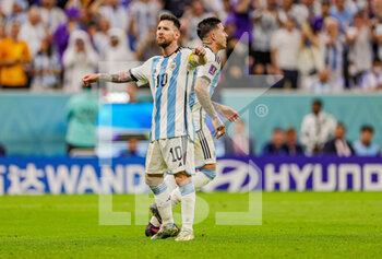 2022-12-10 - Lionel Messi (10) of Argentina scores from the penalty spot and celebrates 0-2 during the FIFA World Cup 2022, Quarter-final football match between Netherlands and Argentina on December 9, 2022 at Lusail Stadium in Al Daayen, Qatar - FOOTBALL - WORLD CUP 2022 - 1/4 - NETHERLANDS V ARGENTINA - FIFA WORLD CUP - SOCCER
