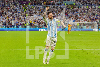2022-12-10 - Lionel Messi (10) of Argentina celebrates a win on penalties during the FIFA World Cup 2022, Quarter-final football match between Netherlands and Argentina on December 9, 2022 at Lusail Stadium in Al Daayen, Qatar - FOOTBALL - WORLD CUP 2022 - 1/4 - NETHERLANDS V ARGENTINA - FIFA WORLD CUP - SOCCER