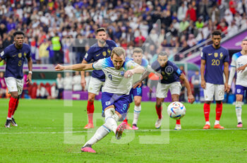 2022-12-11 - Harry Kane (9) of England takes a penalty in the second half but misses during the FIFA World Cup 2022, Quarter-final football match between England and France on December 10, 2022 at Al Bayt Stadium in Al Khor, Qatar - FOOTBALL - WORLD CUP 2022 - 1/4 - ENGLAND V FRANCE - FIFA WORLD CUP - SOCCER