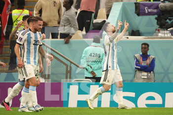 2022-12-13 - Lionel Messi of Argentina celebrates his goal during the FIFA World Cup 2022, Semi-final football match between Argentina and Croatia on December 13, 2022 at Lusail Stadium in Al Daayen, Qatar - FOOTBALL - WORLD CUP 2022 - 1/2 - ARGENTINA V CROATIA - FIFA WORLD CUP - SOCCER