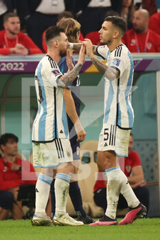 2022-12-13 - Lionel Messi of Argentina celebrates his goal with Leandro Paredes of Argentina during the FIFA World Cup 2022, Semi-final football match between Argentina and Croatia on December 13, 2022 at Lusail Stadium in Al Daayen, Qatar - FOOTBALL - WORLD CUP 2022 - 1/2 - ARGENTINA V CROATIA - FIFA WORLD CUP - SOCCER