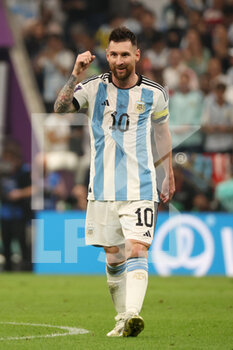 2022-12-13 - Lionel Messi of Argentina celebrates his team's third goal scored by Julian Alvarez (not pictured) during the FIFA World Cup 2022, Semi-final football match between Argentina and Croatia on December 13, 2022 at Lusail Stadium in Al Daayen, Qatar - FOOTBALL - WORLD CUP 2022 - 1/2 - ARGENTINA V CROATIA - FIFA WORLD CUP - SOCCER