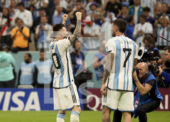 2022-12-13 - Lionel Messi of Argentina celebrates the victory following the FIFA World Cup 2022, Semi-final football match between Argentina and Croatia on December 13, 2022 at Lusail Stadium in Al Daayen, Qatar - FOOTBALL - WORLD CUP 2022 - 1/2 - ARGENTINA V CROATIA - FIFA WORLD CUP - SOCCER