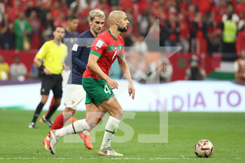 2022-12-14 - Sofyan Amrabat of Morocco during the FIFA World Cup 2022, Semi-final football match between France and Morocco on December 14, 2022 at Al Bayt Stadium in Al Khor, Qatar - FOOTBALL - WORLD CUP 2022 - 1/2 - FRANCE V MOROCCO - FIFA WORLD CUP - SOCCER