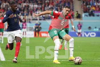 2022-12-14 - Selim Amallah of Morocco, Ousmane Dembele of France (L) during the FIFA World Cup 2022, Semi-final football match between France and Morocco on December 14, 2022 at Al Bayt Stadium in Al Khor, Qatar - FOOTBALL - WORLD CUP 2022 - 1/2 - FRANCE V MOROCCO - FIFA WORLD CUP - SOCCER