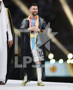 2022-12-18 - Lionel Messi of Argentina celebrates after the FIFA World Cup 2022, Final football match between Argentina and France on December 18, 2022 at Lusail Stadium in Al Daayen, Qatar - FOOTBALL - WORLD CUP 2022 - FINAL - ARGENTINA V FRANCE - FIFA WORLD CUP - SOCCER