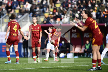 2022-02-27 - Angelica Soffia and Manuela Giugliano of AS Roma during the Serie A Women match between AS Roma and FC Internazionale at Stadio Tre Fontane on February 27, 2022 in Rome, Italy. - AS ROMA VS INTER - FC INTERNAZIONALE - ITALIAN SERIE A WOMEN - SOCCER