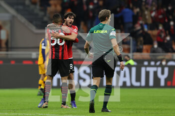 2022-01-06 - Sandro Tonali of AC Milan and Junior Messias of AC Milan celebrate during the Serie A 2021/22 football match between AC Milan and AS Roma at Giuseppe Meazza Stadium, Milan, Italy on January 06, 2022 - AC MILAN VS AS ROMA - ITALIAN SERIE A - SOCCER