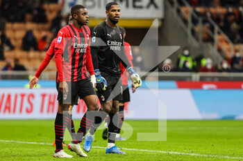 2022-01-06 - Pierre Kalulu of AC Milan and Mike Maignan of AC Milan in action during the Serie A 2021/22 football match between AC Milan and AS Roma at Giuseppe Meazza Stadium, Milan, Italy on January 06, 2022 - AC MILAN VS AS ROMA - ITALIAN SERIE A - SOCCER