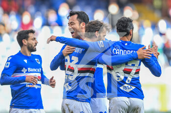 2022-01-06 - Maya Yoshida- Manolo Gabbiadini- Antonio Candreva (Sampdoria) celebrates after scoring a goal - UC SAMPDORIA VS CAGLIARI CALCIO - ITALIAN SERIE A - SOCCER