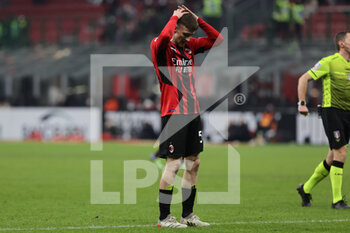 2022-01-17 - Alexis Saelemaekers of AC Milan reacts during the Serie A 2021/22 football match between AC Milan and Spezia Calcio at Giuseppe Meazza Stadium, Milan, Italy on January 17, 2022 - AC MILAN VS SPEZIA CALCIO - ITALIAN SERIE A - SOCCER