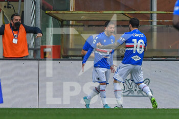 2022-02-06 - Stefano Sensi and Francesco Caputo  (Sampdoria) celebrates after scoring a goal 2-0 - UC SAMPDORIA VS US SASSUOLO - ITALIAN SERIE A - SOCCER