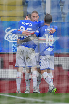 2022-02-06 - Alex Ferrari - Andrea Conti amd Francesco Caputo  (Sampdoria) celebrates after scoring a goal 3 - 0 - UC SAMPDORIA VS US SASSUOLO - ITALIAN SERIE A - SOCCER