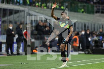 2022-04-09 - Denzel Dumfries of FC Internazionale reacts during the Serie A 2021/22 football match between FC Internazionale and Hellas Verona FC at Giuseppe Meazza Stadium, Milan, Italy on April 09, 2022 - INTER - FC INTERNAZIONALE VS HELLAS VERONA FC - ITALIAN SERIE A - SOCCER