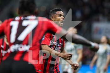 2022-04-15 - Junior Messias of AC Milan celebrates after scoring a goal during the Serie A 2021/22 football match between AC Milan and Genoa CFC at Giuseppe Meazza Stadium, Milan, Italy on April 15, 2022 - AC MILAN VS GENOA CFC - ITALIAN SERIE A - SOCCER