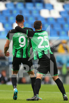 2022-05-07 - Gianluca Scamacca of US SASSUOLO celebrates after scoring a goal with Domenico Berardi of US SASSUOLO during the Serie A match between US Sassuolo and Udinese Calcio at Mapei Stadium-Città del Tricolore on May 7, 2022 in Reggio Emilia, Italy. - US SASSUOLO VS UDINESE CALCIO - ITALIAN SERIE A - SOCCER