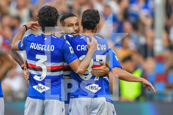 2022-05-16 - Tommaso Augello, Fabio Quagliarella  and Antonio Candreva (Sampdoria) celebrates after scoring a goal 2-0 - UC SAMPDORIA VS ACF FIORENTINA - ITALIAN SERIE A - SOCCER