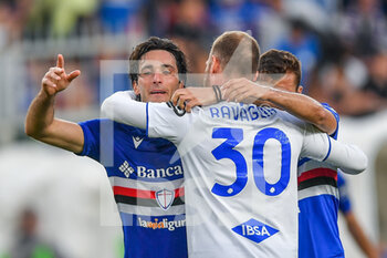 2022-05-16 - Tommaso Augello, Nicola Ravaglia and Simone Trimboli  (Sampdoria) celebrates after scoring a match - UC SAMPDORIA VS ACF FIORENTINA - ITALIAN SERIE A - SOCCER