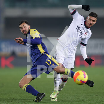2022-01-21 - Federico Ceccherini (Hellas Verona FC) and Nicolas Martin Dominguez (Bologna FC) battle for the ball - HELLAS VERONA FC VS BOLOGNA FC - ITALIAN SERIE A - SOCCER