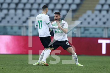 2022-01-23 - Mert Muldur (U.S. Sassuolo) and Gianluca Scamacca (U.S. Sassuolo) celebrates after the equaliser - TORINO FC VS US SASSUOLO - ITALIAN SERIE A - SOCCER