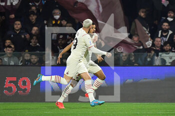 2022-02-19 - Milan's forward Junior Messias celebrates with Milan's defender Theo Hernandez after scoring the 0-1 goal - US SALERNITANA VS AC MILAN - ITALIAN SERIE A - SOCCER