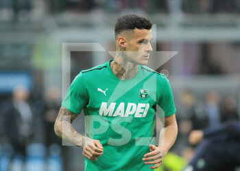 2022-02-20 - Gianluca Scamacca of US Sassuolo during the Italian Serie A football match between FC Inter and Sassuolo Calcio on February 20, 2022 at San Siro - Giuseppe Meazza stadium in Milano , Italy - INTER - FC INTERNAZIONALE VS US SASSUOLO - ITALIAN SERIE A - SOCCER