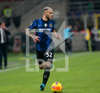 2022-02-20 - Federico Dimarco of Inter  during the Italian Serie A football match between FC Inter and Sassuolo Calcio on February 20, 2022 at San Siro - Giuseppe Meazza stadium in Milano , Italy - INTER - FC INTERNAZIONALE VS US SASSUOLO - ITALIAN SERIE A - SOCCER
