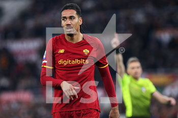 2022-03-20 - Chris Smalling of Roma reacts during the Italian championship Serie A football match between AS Roma and SS Lazio on March 20, 2022 at Stadio Olimpico in Rome, Italy - AS ROMA VS SS LAZIO - ITALIAN SERIE A - SOCCER