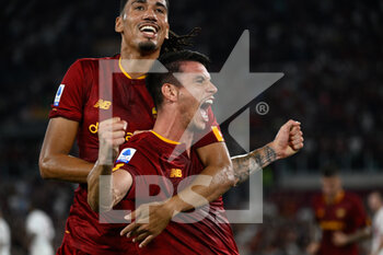2022-08-30 - Roger Ibanez (AS Roma) and Chris Smalling (AS Roma) celebrates after scoring goal 3-0 during the Italian Football Championship League A 2022/2023 match between AS Roma vs AC Monza at the Olimpic Stadium in Rome  on 30 August 2022. - AS ROMA VS AC MONZA - ITALIAN SERIE A - SOCCER
