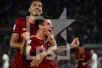 2022-08-30 - Roger Ibanez (AS Roma) and Chris Smalling (AS Roma)celebrates after scoring goal 3-0 during the Italian Football Championship League A 2022/2023 match between AS Roma vs AC Monza at the Olimpic Stadium in Rome  on 30 August 2022. - AS ROMA VS AC MONZA - ITALIAN SERIE A - SOCCER
