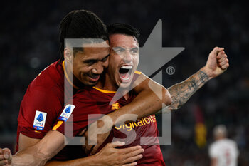 2022-08-30 - Roger Ibanez (AS Roma) and Chris Smalling (AS Roma) celebrates after scoring goal 3-0 during the Italian Football Championship League A 2022/2023 match between AS Roma vs AC Monza at the Olimpic Stadium in Rome  on 30 August 2022. - AS ROMA VS AC MONZA - ITALIAN SERIE A - SOCCER