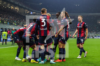 2022-11-09 - Charalampos Lykogiannis of Bologna FC celebrates with his teammates after scoring a goal during Serie A 2022/23 football match between FC Internazionale and Bologna FC at Giuseppe Meazza Stadium, Milan, Italy on November 09, 2022 - INTER - FC INTERNAZIONALE VS BOLOGNA FC - ITALIAN SERIE A - SOCCER
