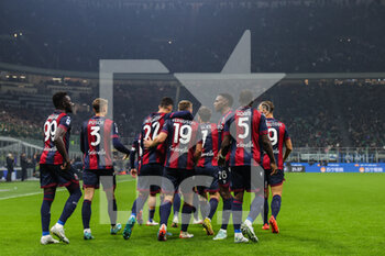 2022-11-09 - Charalampos Lykogiannis of Bologna FC celebrates with his teammates after scoring a goal during Serie A 2022/23 football match between FC Internazionale and Bologna FC at Giuseppe Meazza Stadium, Milan, Italy on November 09, 2022 - INTER - FC INTERNAZIONALE VS BOLOGNA FC - ITALIAN SERIE A - SOCCER